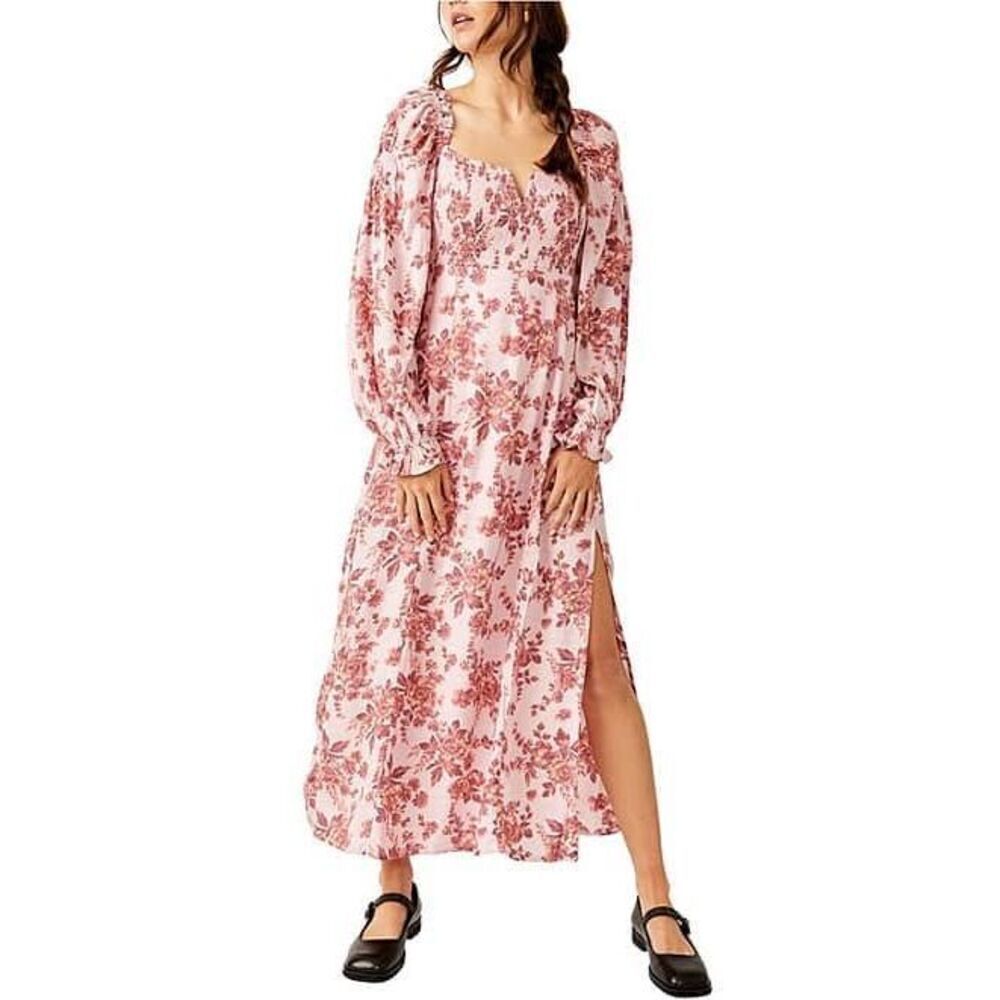 Free People Jaymes Floral Print Square Neck Long Sleeves Midi Dress Size XS Smoc